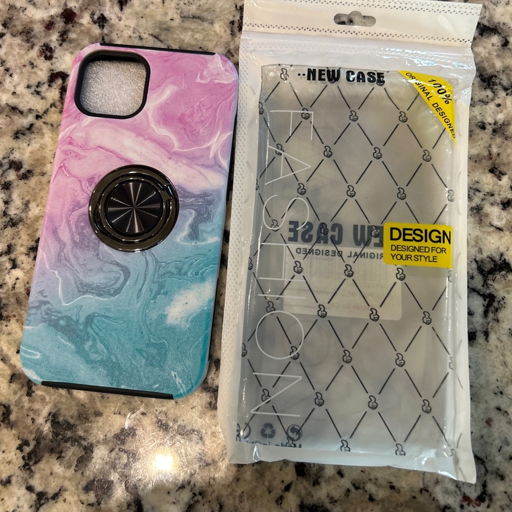 NWT iPhone 13 case pink and blue marble design with ring stand